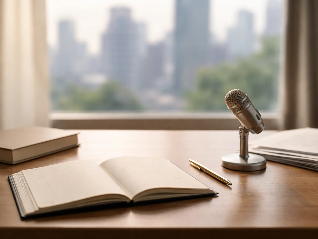 Minimal office desk with blank planner, microphone, and stacked papers beside a windowed city view.