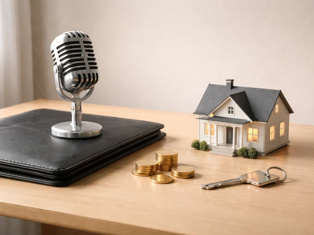 Minimal collage of music management and real estate symbols: briefcase, microphone, house key, and coins