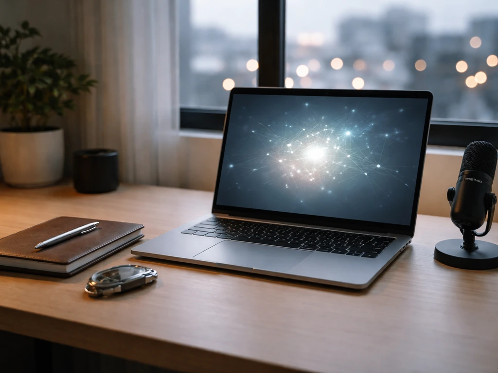 Minimal office desk with a laptop showing abstract AI visuals, symbolizing an AI researcher and wealth