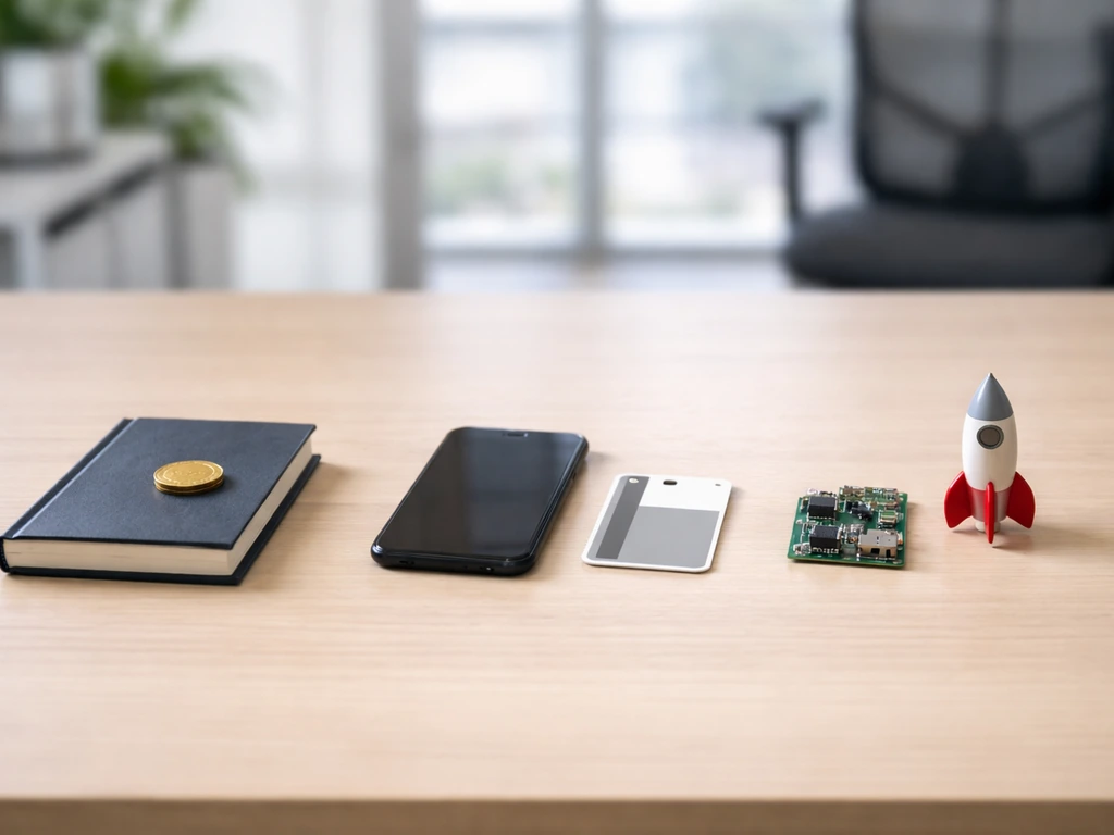 Minimal desk scene with three distinct money-themed objects representing salary, corporate pay, and startup activity