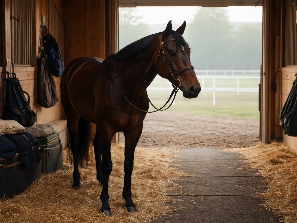 Dark bay thoroughbred stands in a quiet stable with tack and a racetrack view beyond the open door.