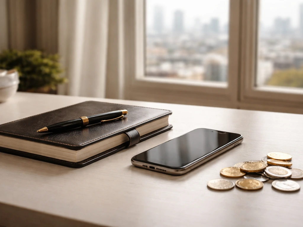 Minimal office scene with a pen, smartphone, and scattered coins symbolizing executive wealth-building components