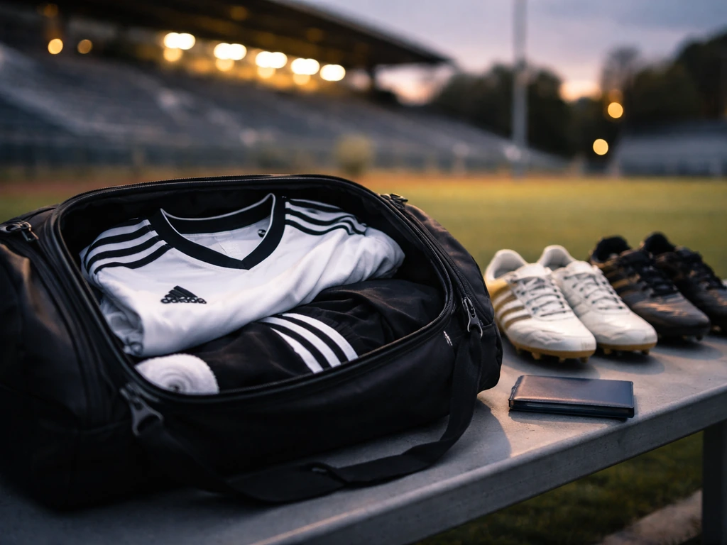 MLS-themed soccer gear on a bench outside a stadium at dusk, hinting at Fafà Picault identity without showing him.