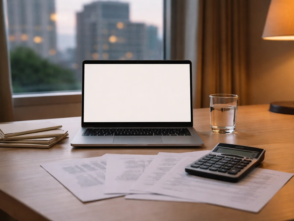 Minimal finance-office desk with open laptop, calculator, and unlabelled documents suggesting wealth estimate range.