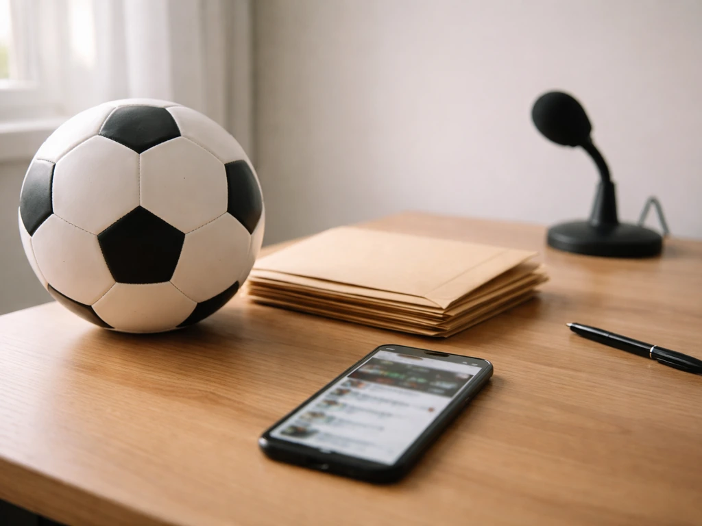Minimal photo of a soccer ball beside contract-like envelopes and a smartphone on a desk, symbolizing MLS earnings.