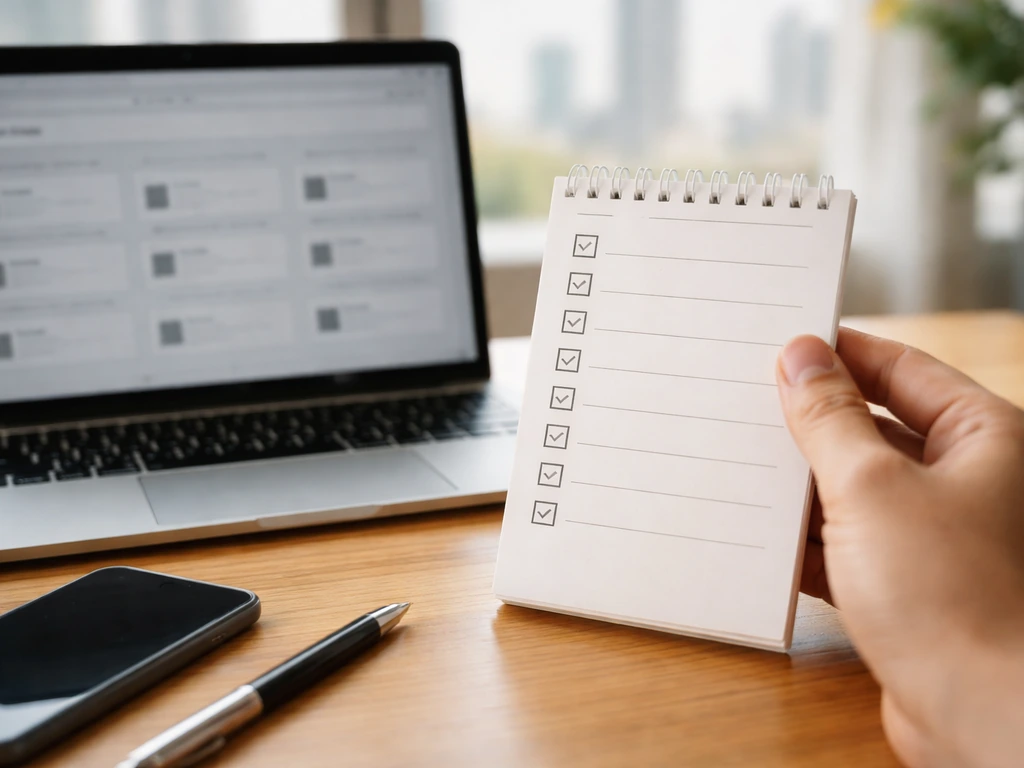 Close-up of a hand holding a checklist notepad beside a laptop showing contract database cards, no readable text.