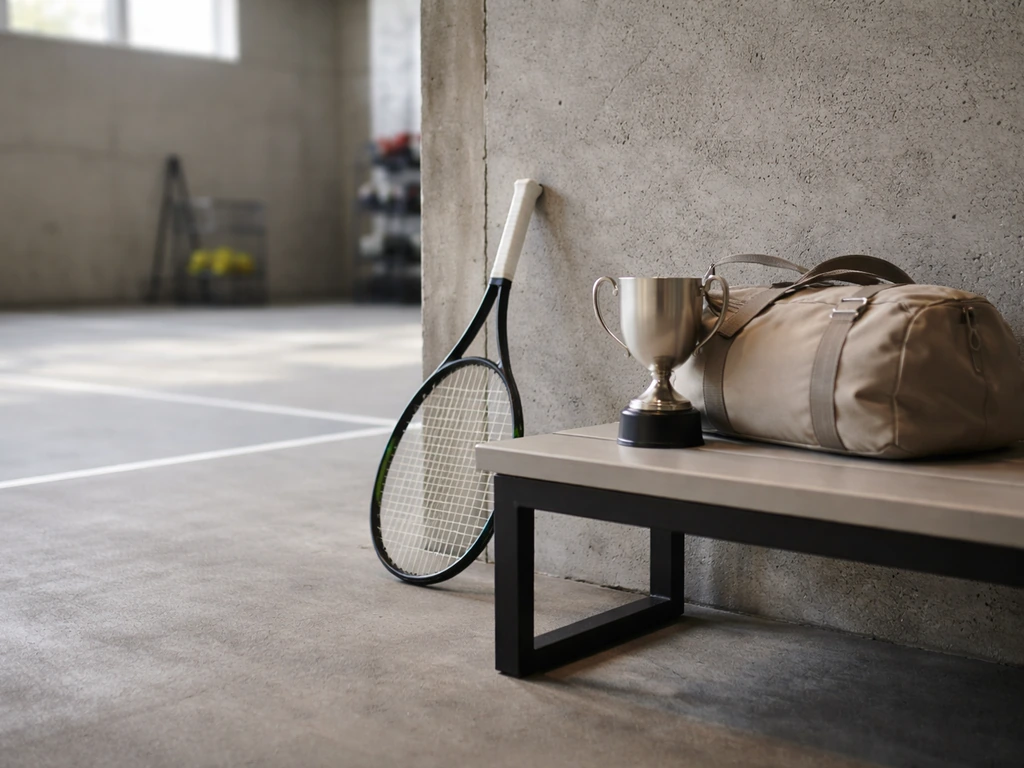 Indoor tennis training scene with a racket and trophy-like object, symbolizing early pro career and wealth discussion.