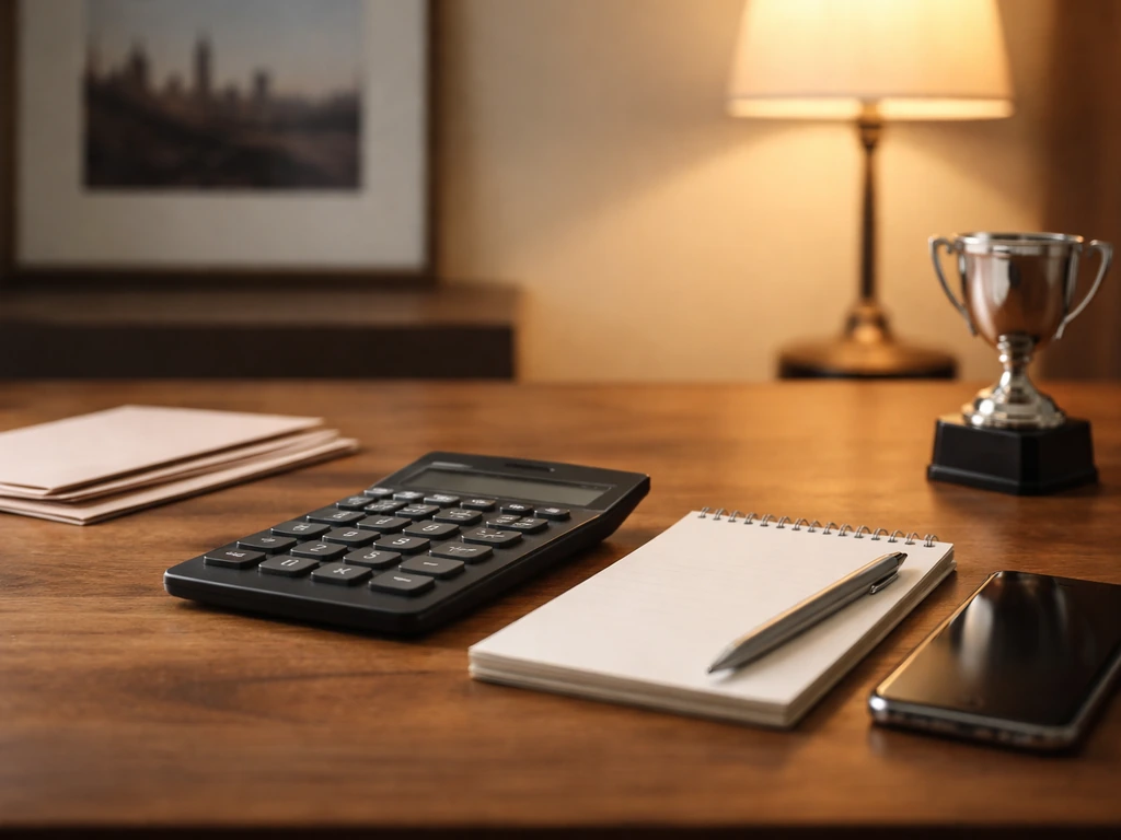 Calculator and smartphone beside sports trophy in a dim office, symbolizing estimating net worth from limited public dat