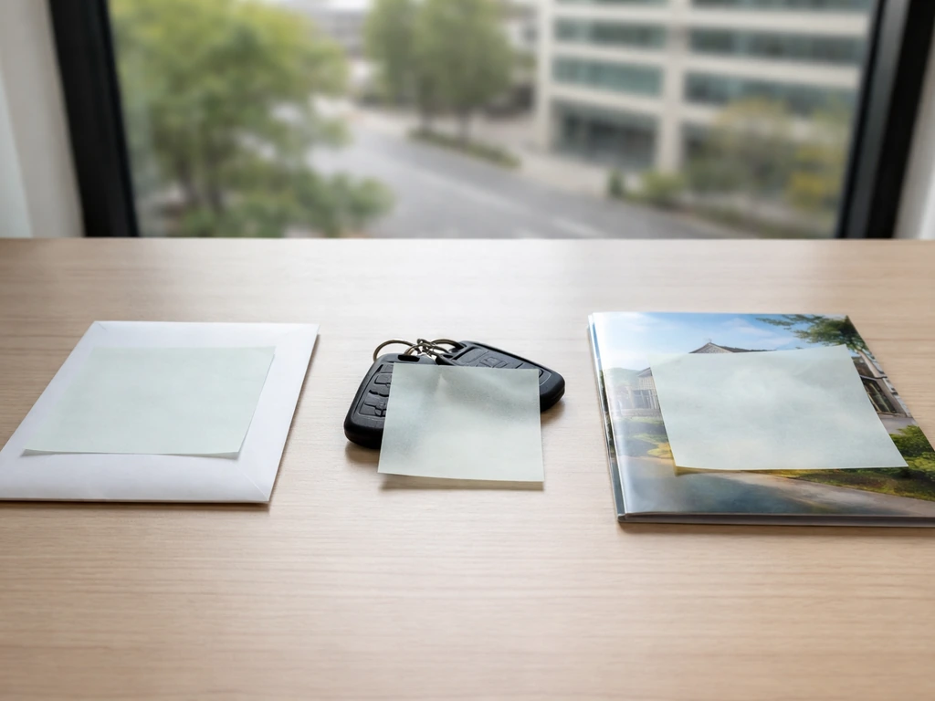 Anonymous desk with keys and real-estate folder, covered to suggest unverified assets and lifestyle signals.