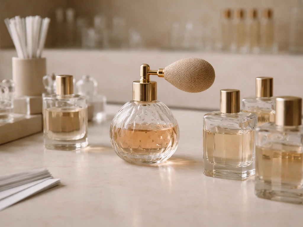 Luxury fragrance studio workbench with an atomizer and perfume bottles in soft natural light.
