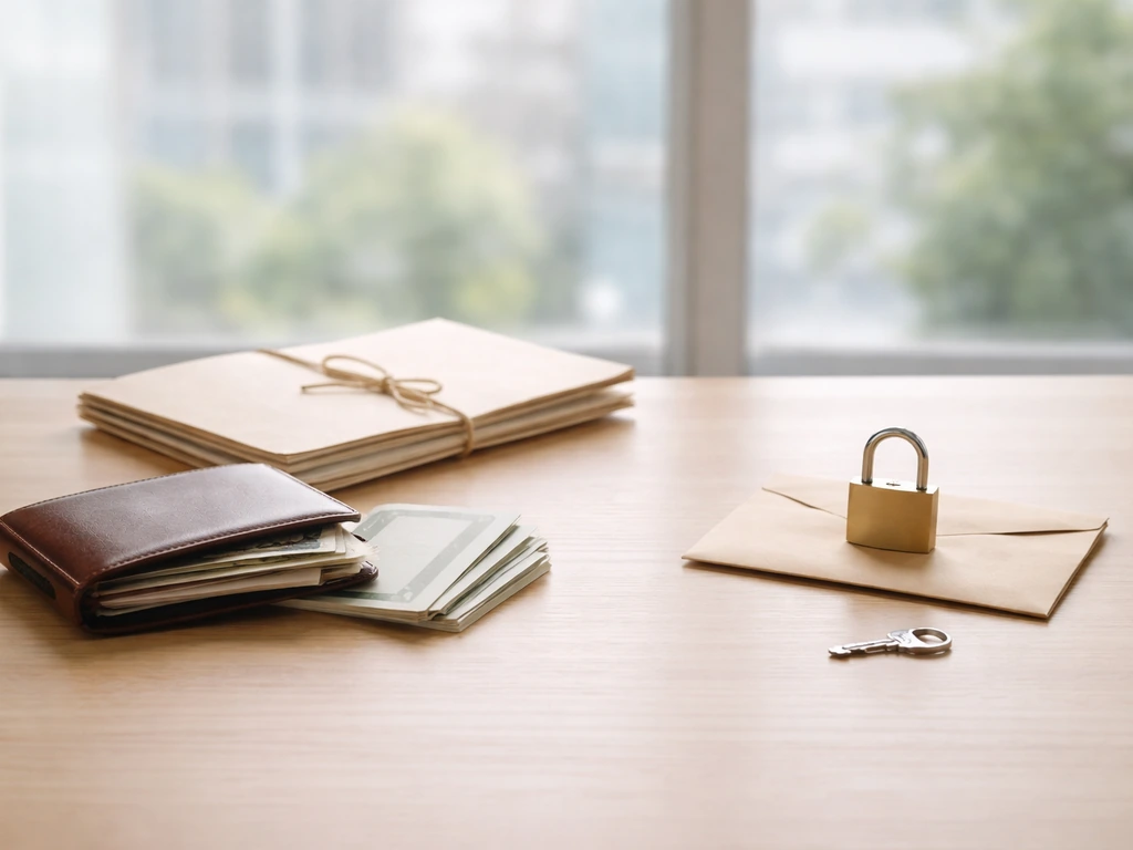 Minimal desk scene with assets objects and a padlock/envelope to symbolize net worth assets minus liabilities.