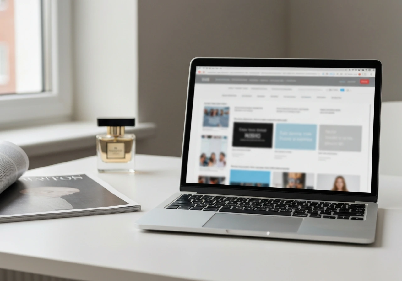 Minimal desk scene with a laptop showing blurred news thumbnails and a small perfume bottle nearby.