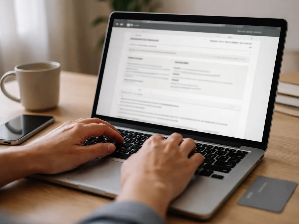 Close-up of hands using a laptop to review an official business registry website, with a credit card nearby