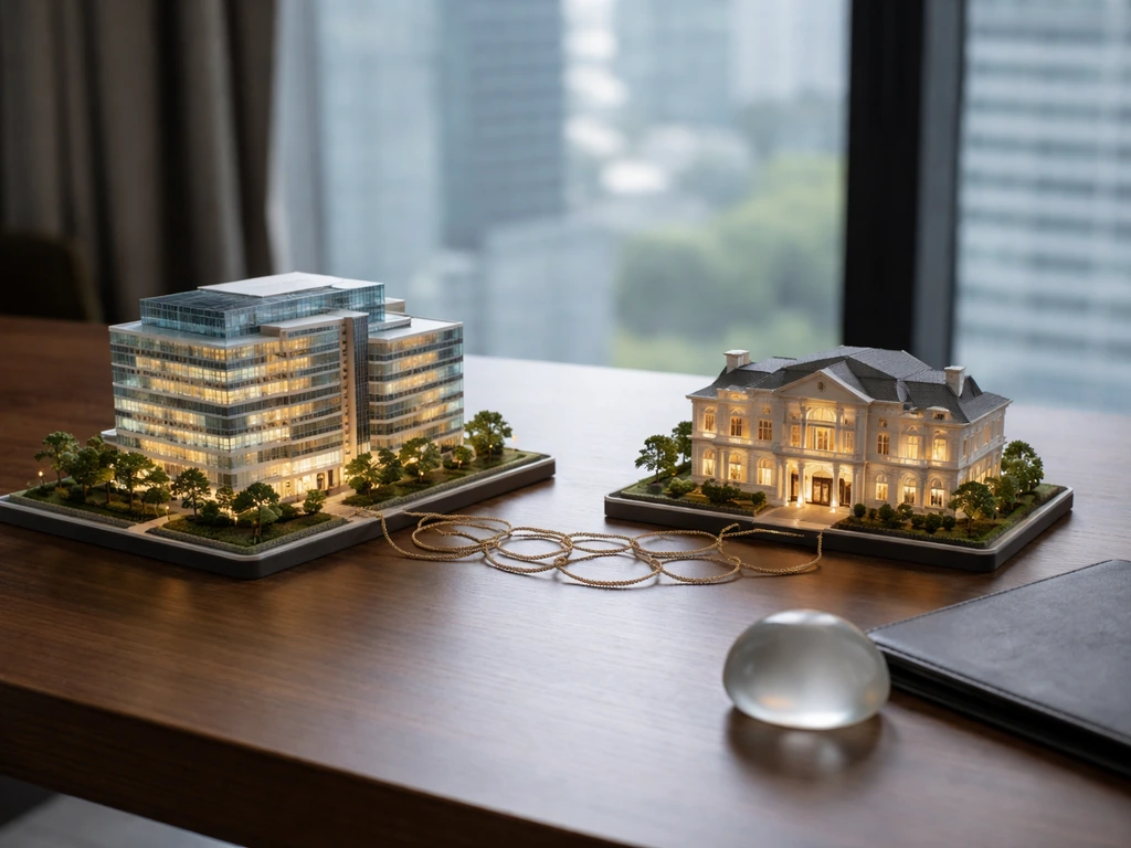 Minimal photo of a luxury holding office scene with model buildings representing LVMH and Louis Vuitton relationship