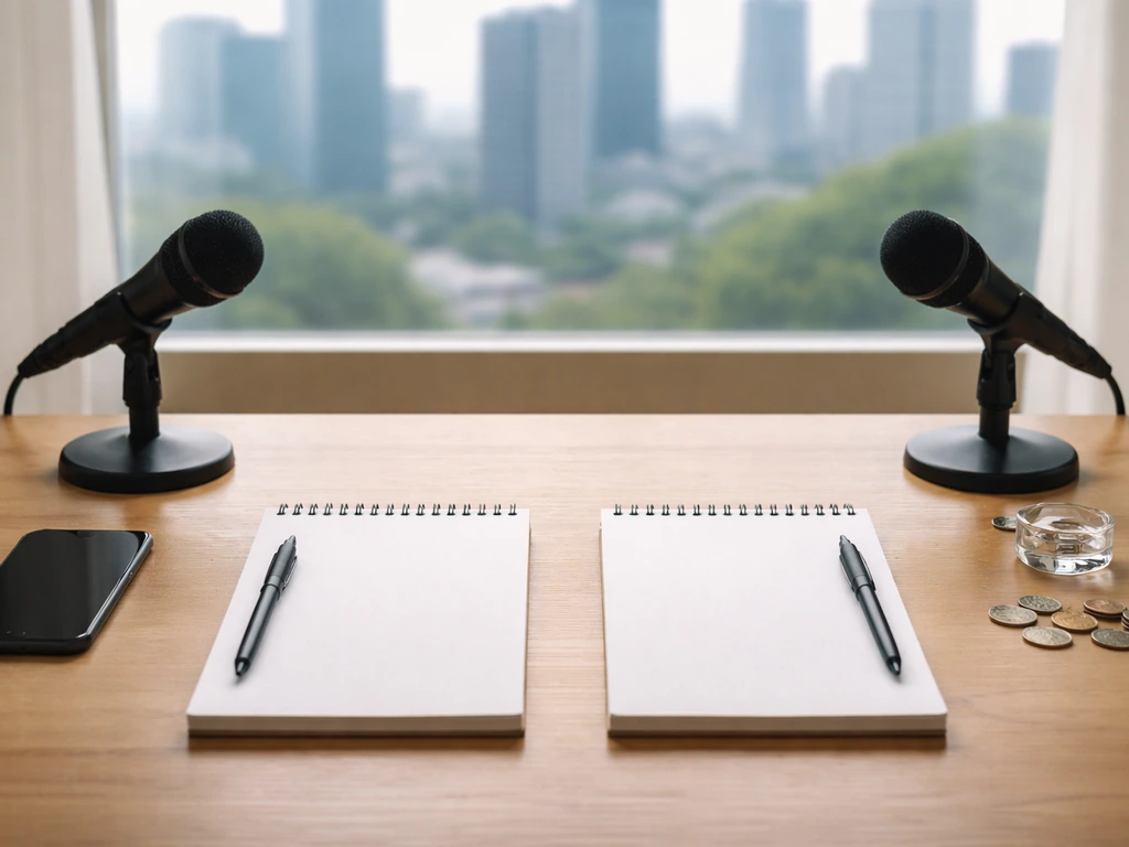 Minimal desk scene with two side-by-side notepads, microphones, coins, and a blurred city skyline.