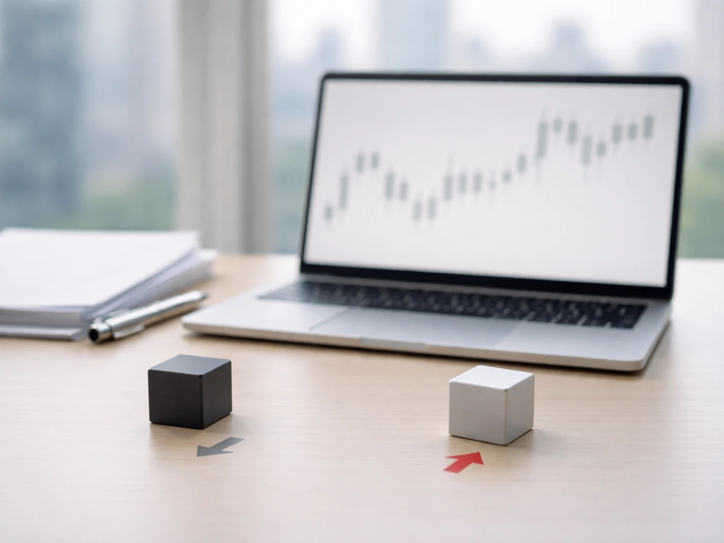 Minimal desk finance scene with blurred laptop market candles and up/down arrows near simple cubes.