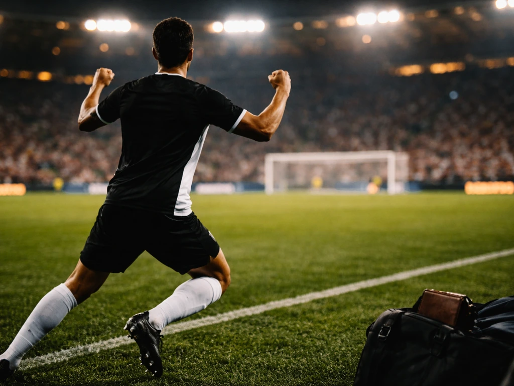An anonymous soccer celebration moment with a subtle MLS-style stadium atmosphere and wealth symbolism
