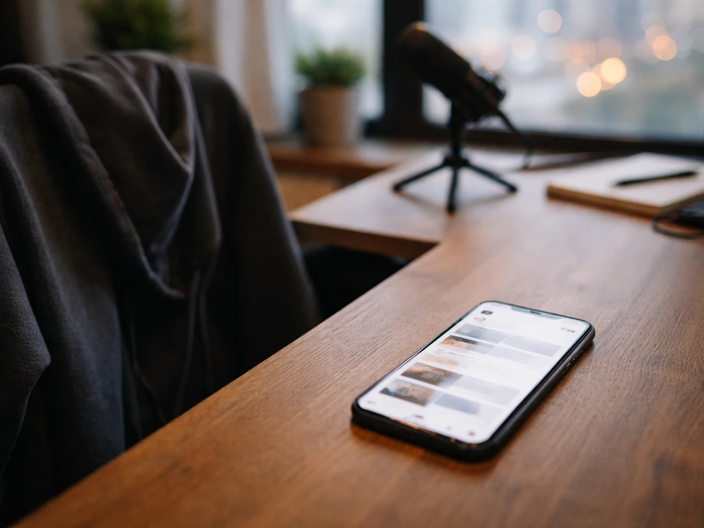 Minimal desk scene with a smartphone showing a blank social post vibe and a sponsorship-themed backdrop