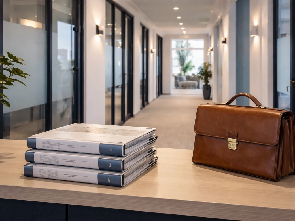 Modern French office corridor with engineering plans and a briefcase, signaling executive finance and equity