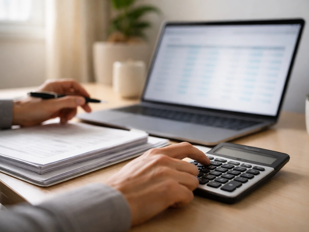 Anonymous hands using a calculator and laptop spreadsheet to symbolize estimating private executives’ net worth.