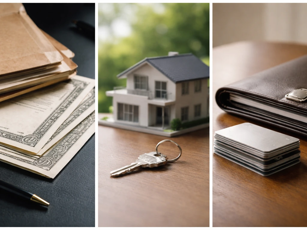 Three simple wealth categories side-by-side: business equity papers, real-estate key, and investment cards.