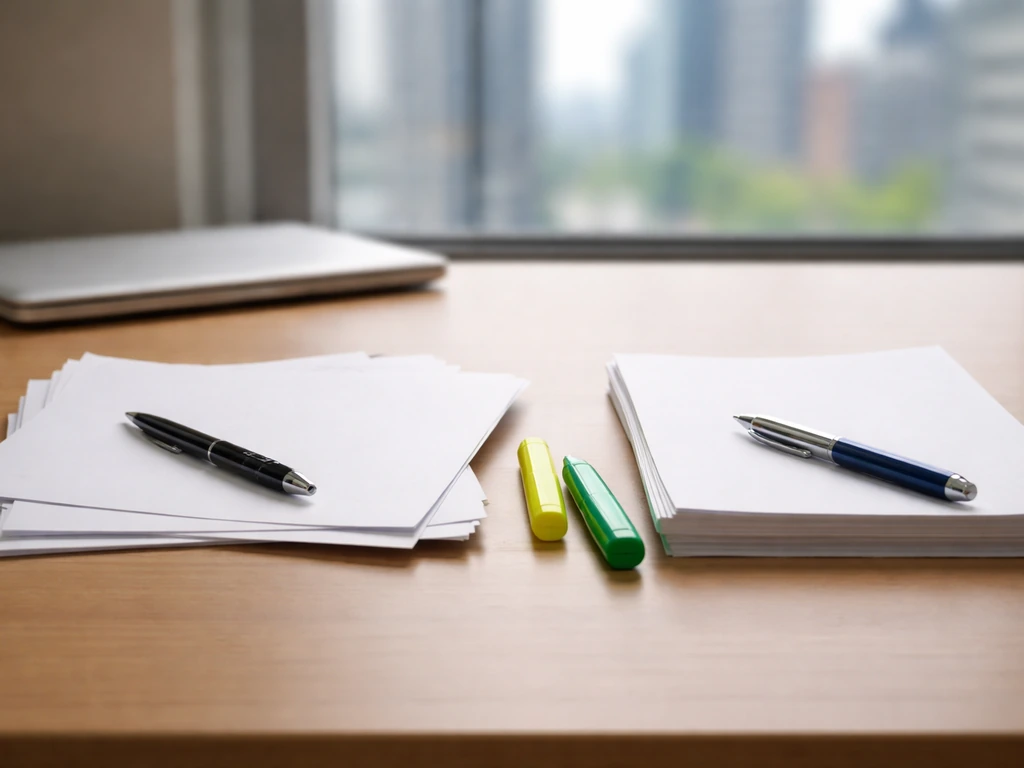 Two piles of printed financial pages with different handwritten notes, blurred background office desk