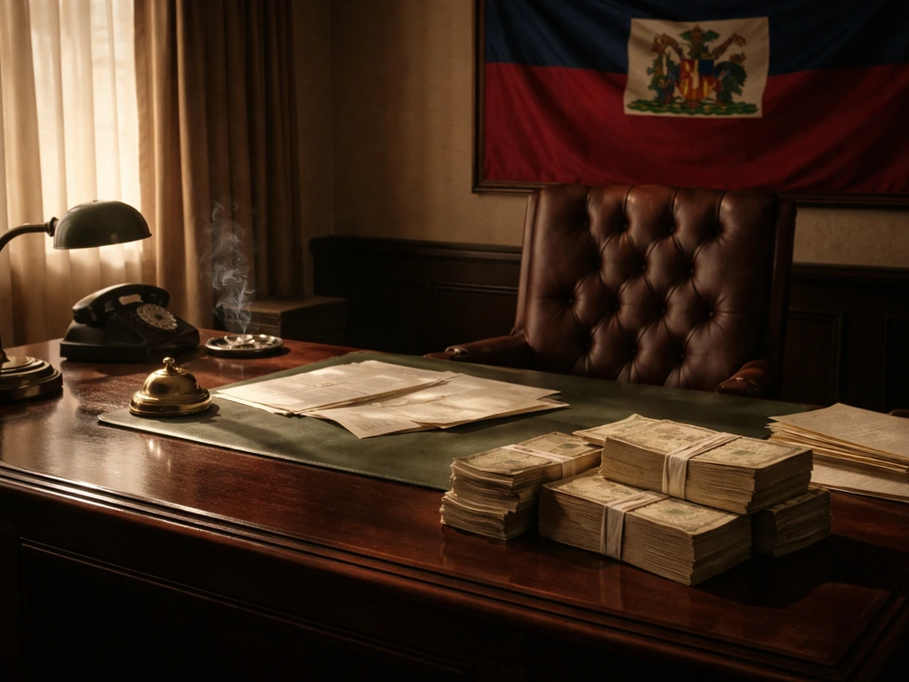 Minimal vintage office desk with money bundles and period objects, symbolizing political wealth.