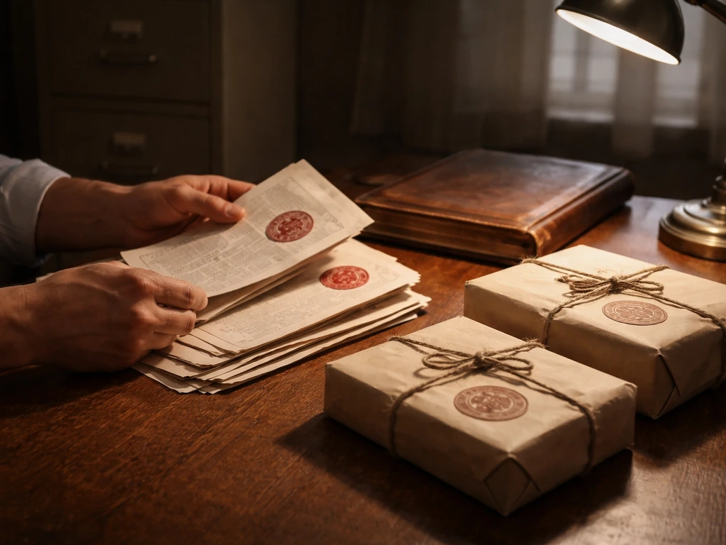 Cold War desk scene with sealed aid parcels, stamped documents, and a ledger under warm lamplight.