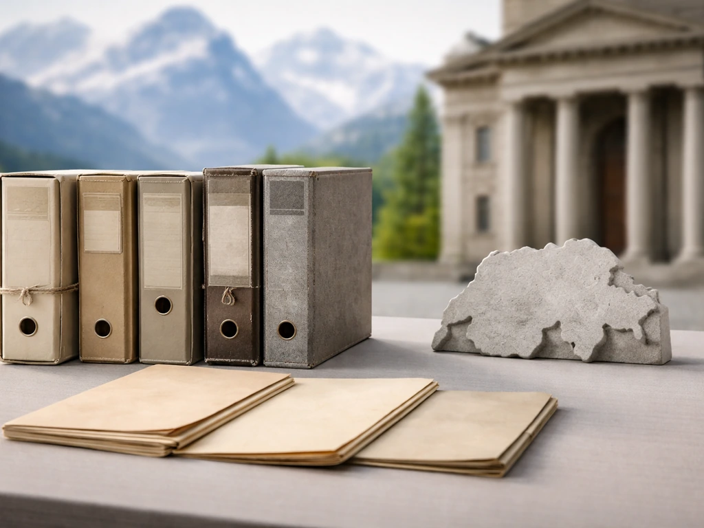 Minimal tabletop scene with Swiss map material, archived file boxes, and blurred Swiss courthouse-bank architecture.