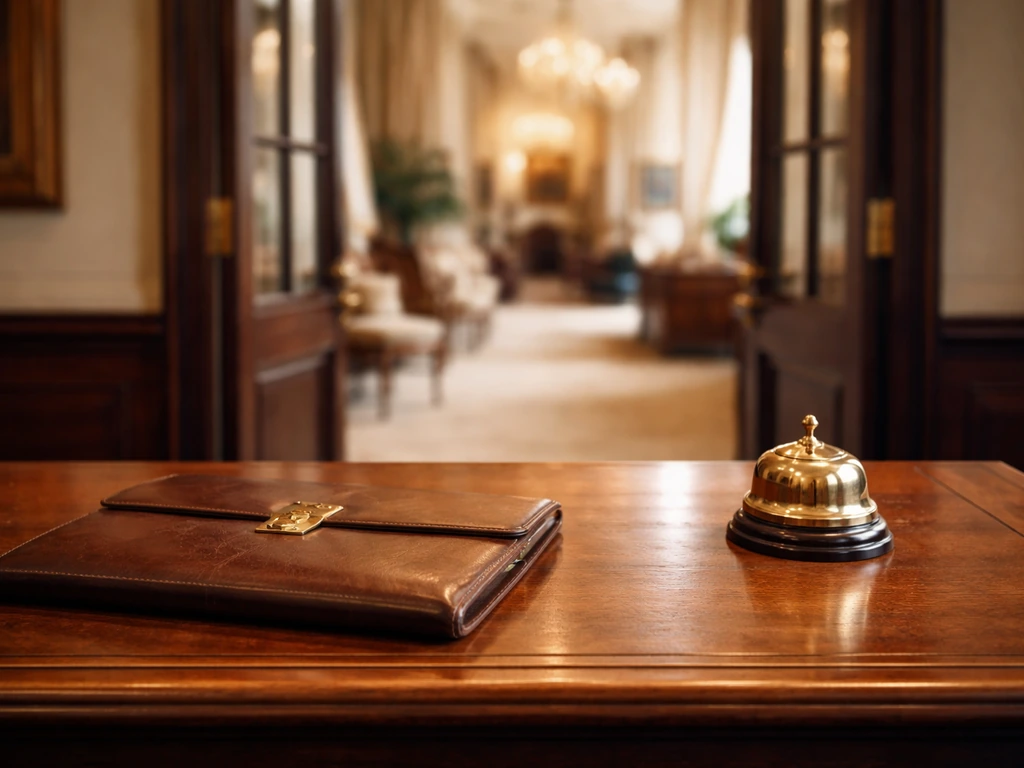 Vintage leather folder and brass auction bell on a polished desk in a quiet luxury sale room.