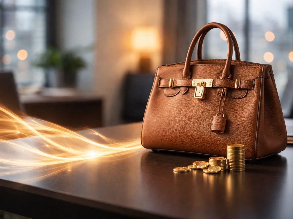 Luxury handbag on a desk with subtle glowing light ribbons suggesting royalty-relief brand value.