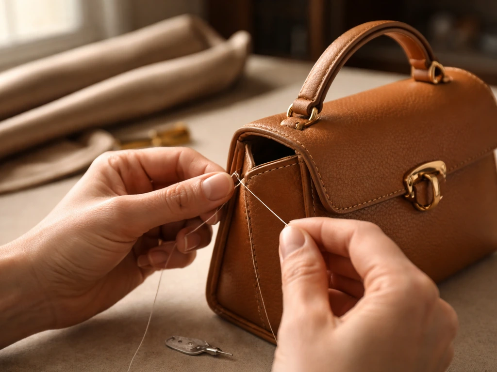 Atelier hands stitching a luxury handbag detail on a premium worktable with soft boutique light
