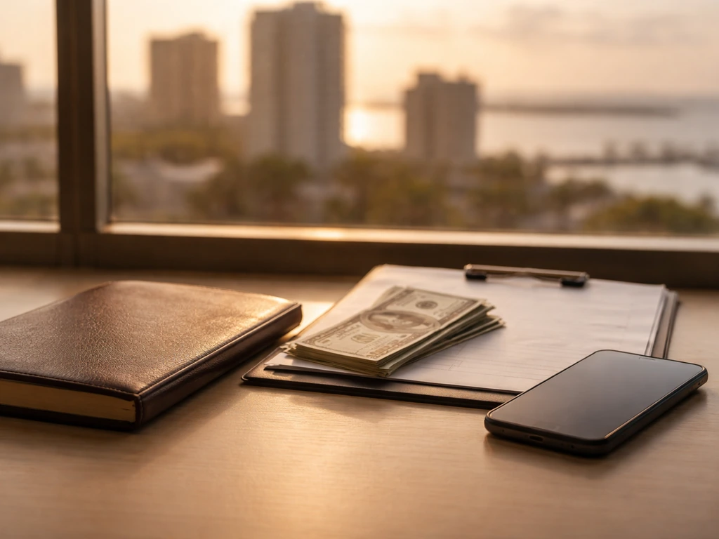 Haitian finance-themed desk scene with a notebook and cash-safe vibe in natural light, no people