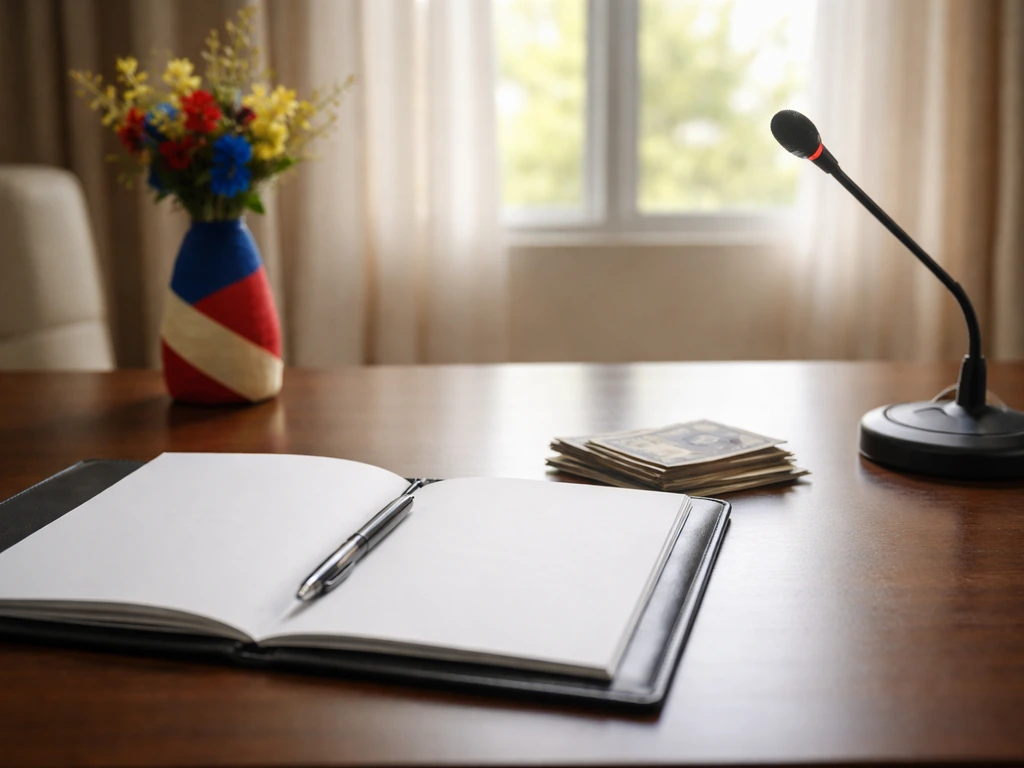 Minimal office scene with money-themed props suggesting Haitian finance and politics context