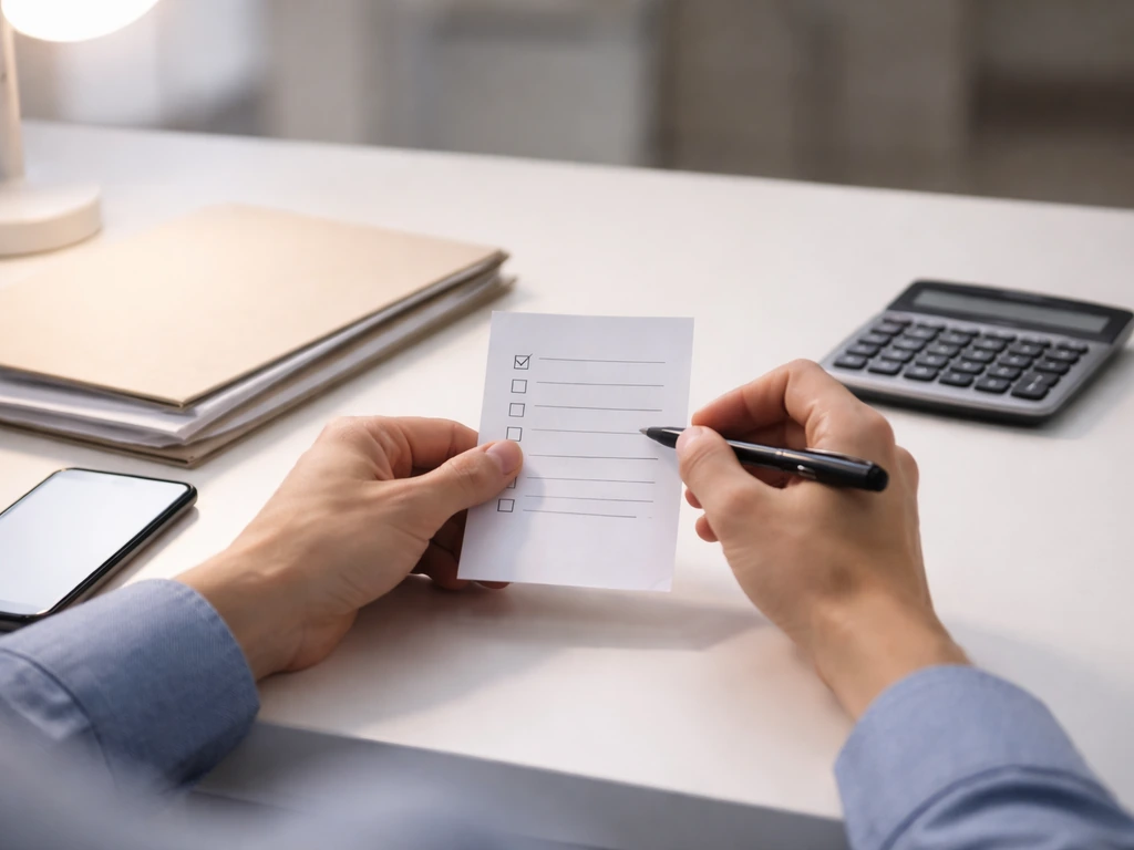 Minimal desk scene with checklist notes, documents, and a calculator for researching and updating a figure