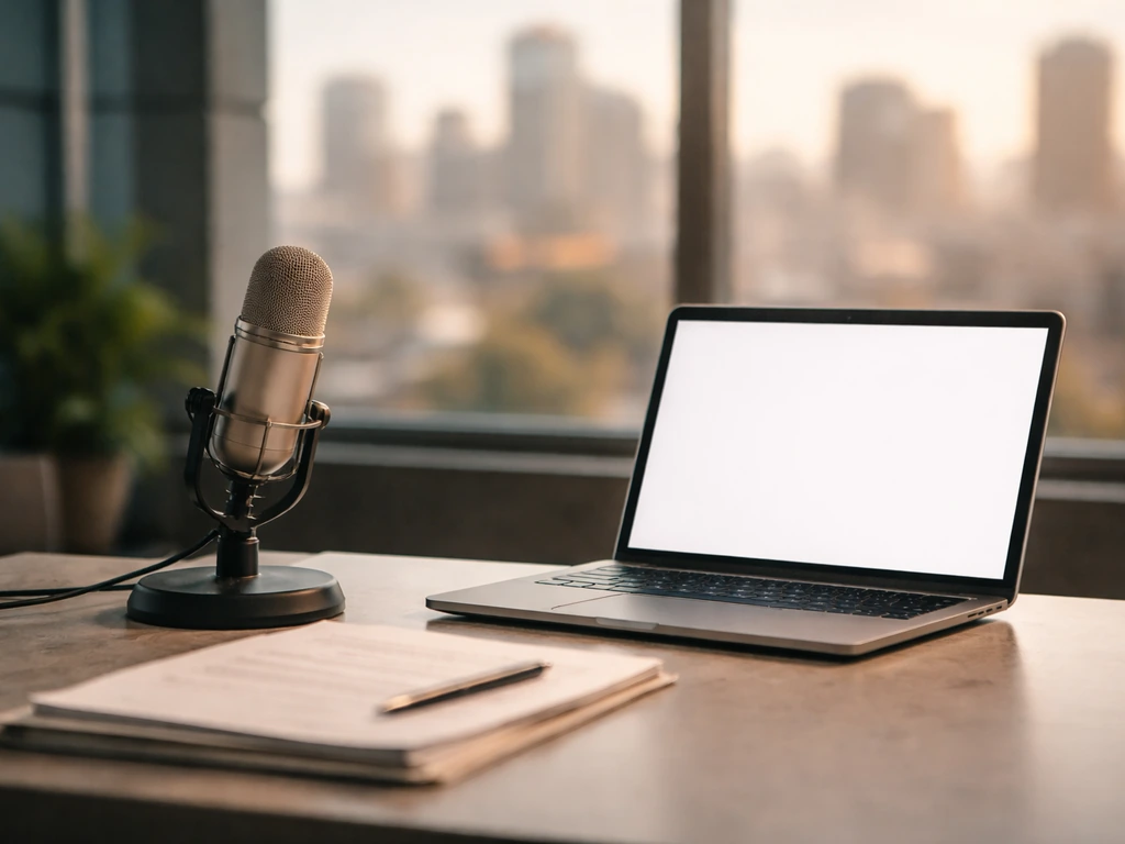Empty broadcast studio desk with microphone, laptop, and legal papers in soft natural light.