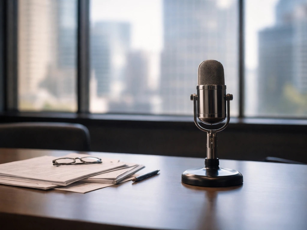 Empty broadcast studio desk with a microphone and blurred city view behind it.