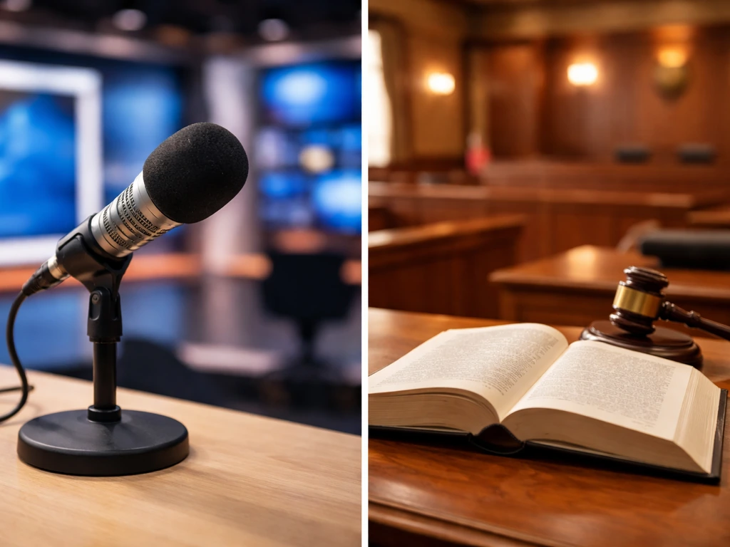 Minimal split scene: studio microphone for broadcast income and open law books for legal work.