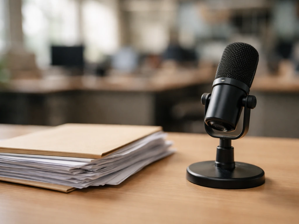 Minimal desk scene with a microphone and neatly stacked media documents implying public-record verification