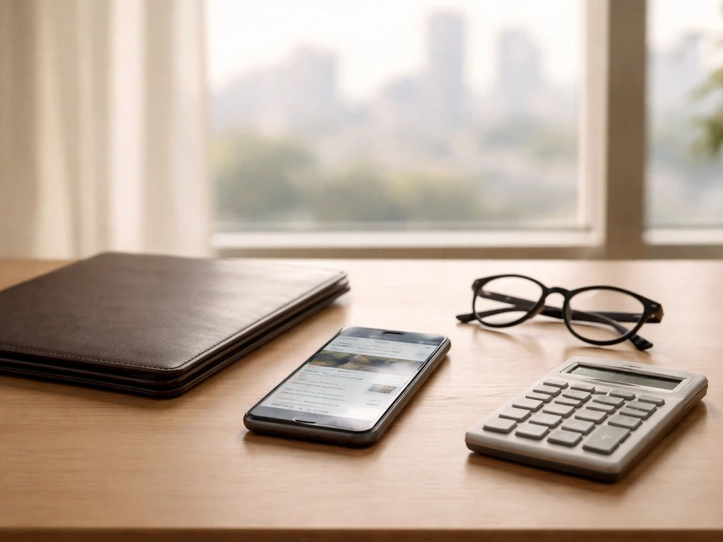 Minimal desk with smartphone and calculator symbolizing a net worth estimate, soft window light, no readable text.