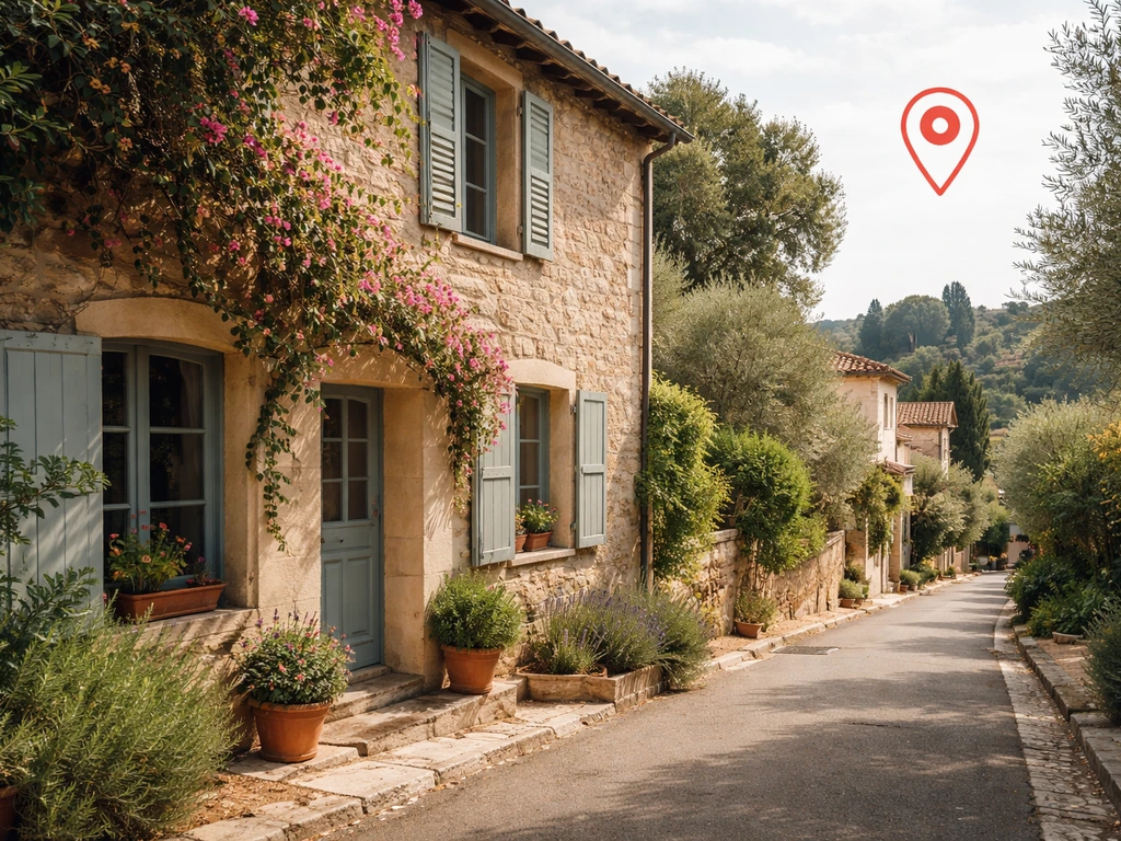 Exterior view of a quiet residential street in Grasse, France with a subtle location-pin marker