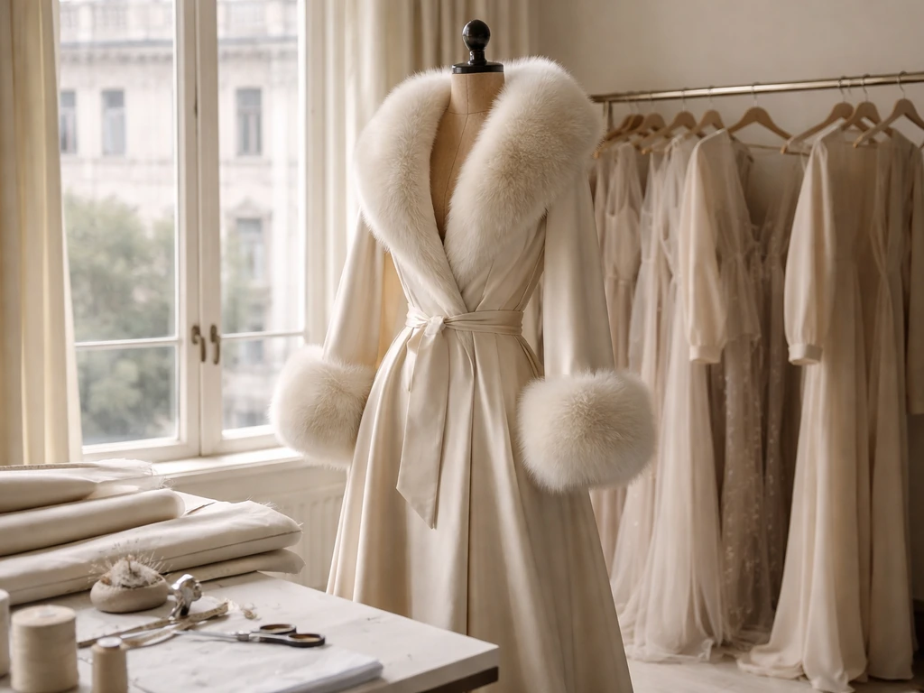 Luxury fashion atelier with a fur-trimmed coat and elegant workroom details suggesting J. Mendel style