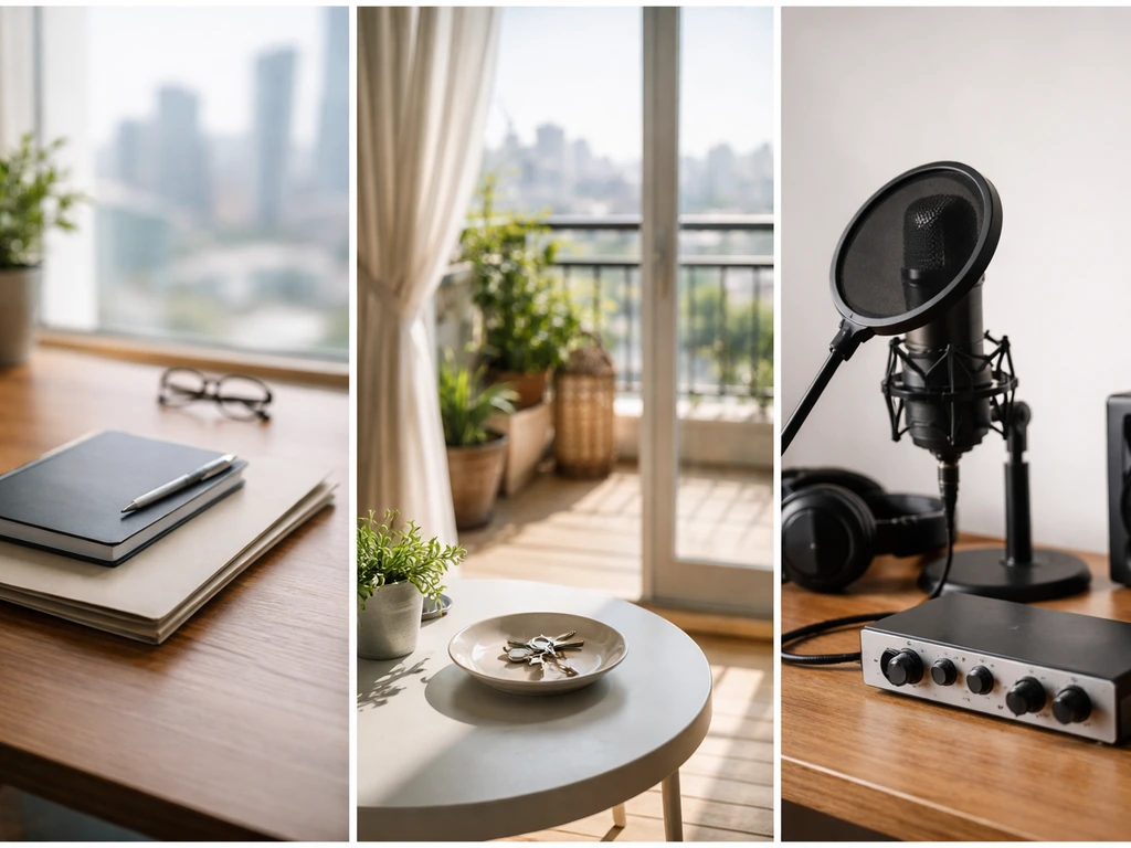 Three minimal photo panels: corporate desk, sunlit home window with keys, and a studio microphone for income signals.