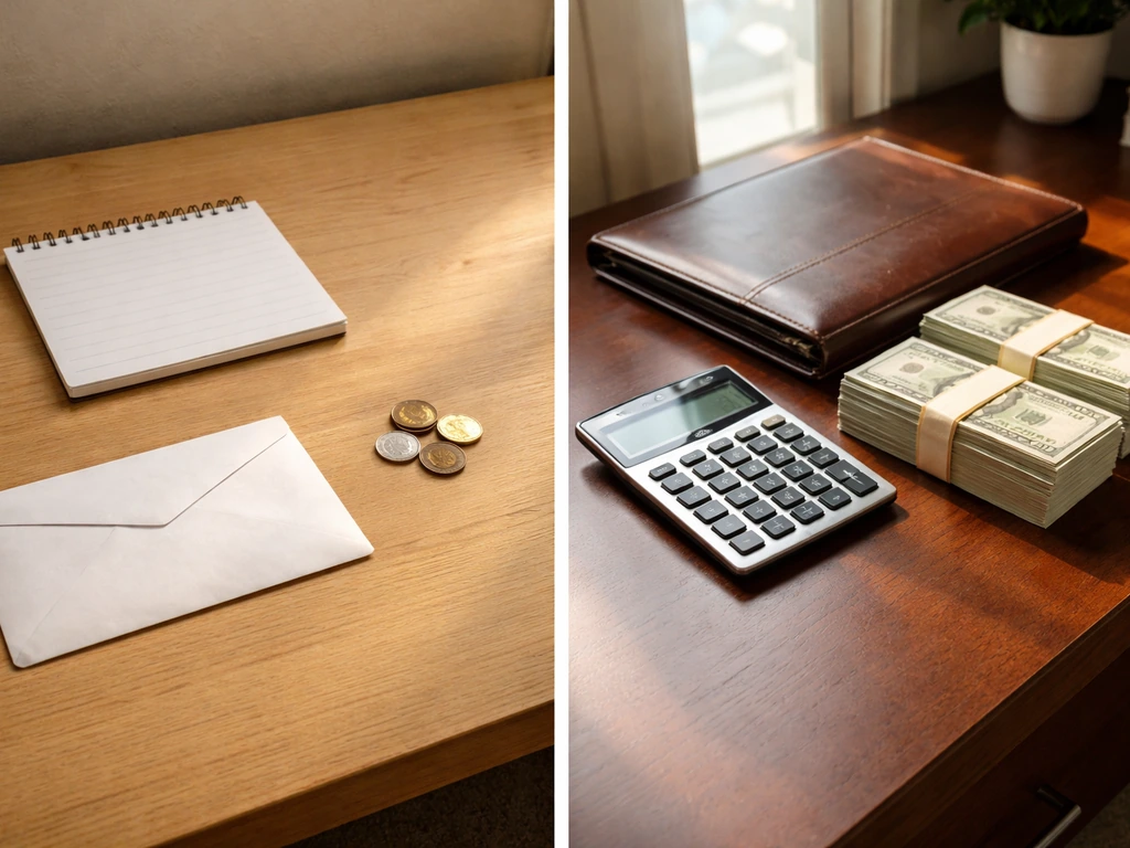 Split desk scene: modest items on the left and luxury finance items on the right to contrast net-worth estimates.