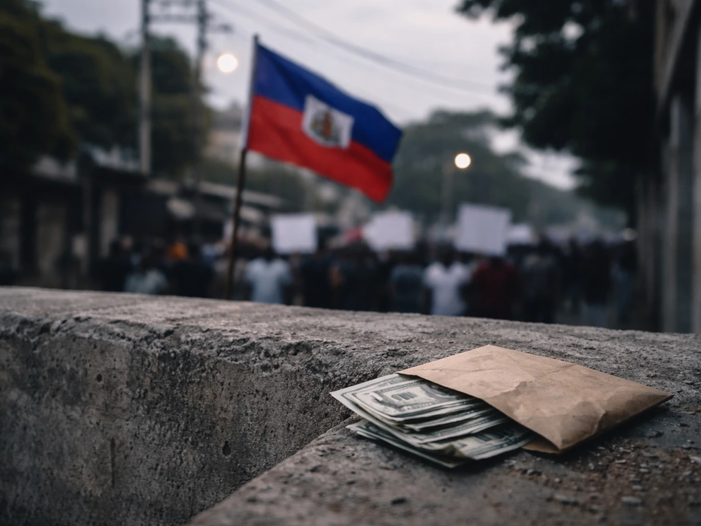 Haitian flag near a street with vague protest placards and a symbolic cash envelope in the foreground.