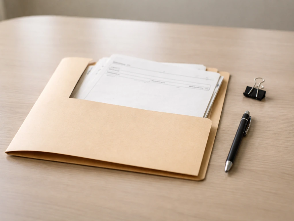Minimal desk scene with scattered dated documents and a pen beside an open folder