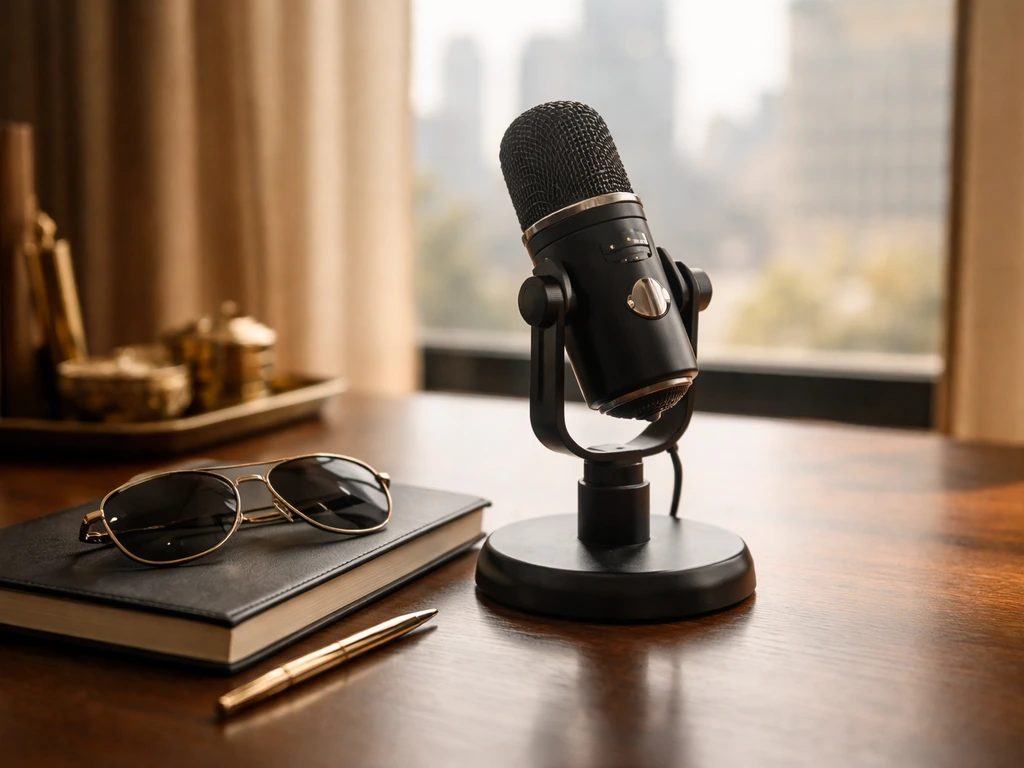 Minimal studio scene with a microphone and luxury office desk symbolizing celebrity wealth and media analysis