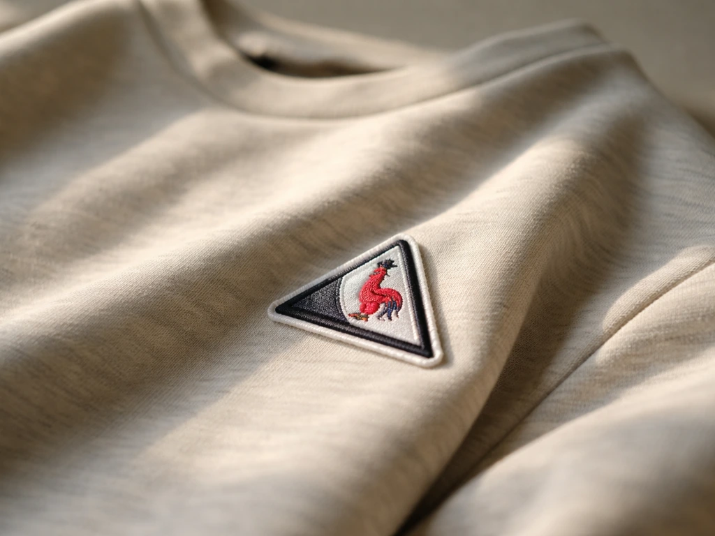 Close-up of a Le Coq Sportif shirt fabric and stitched logo patch in warm light.