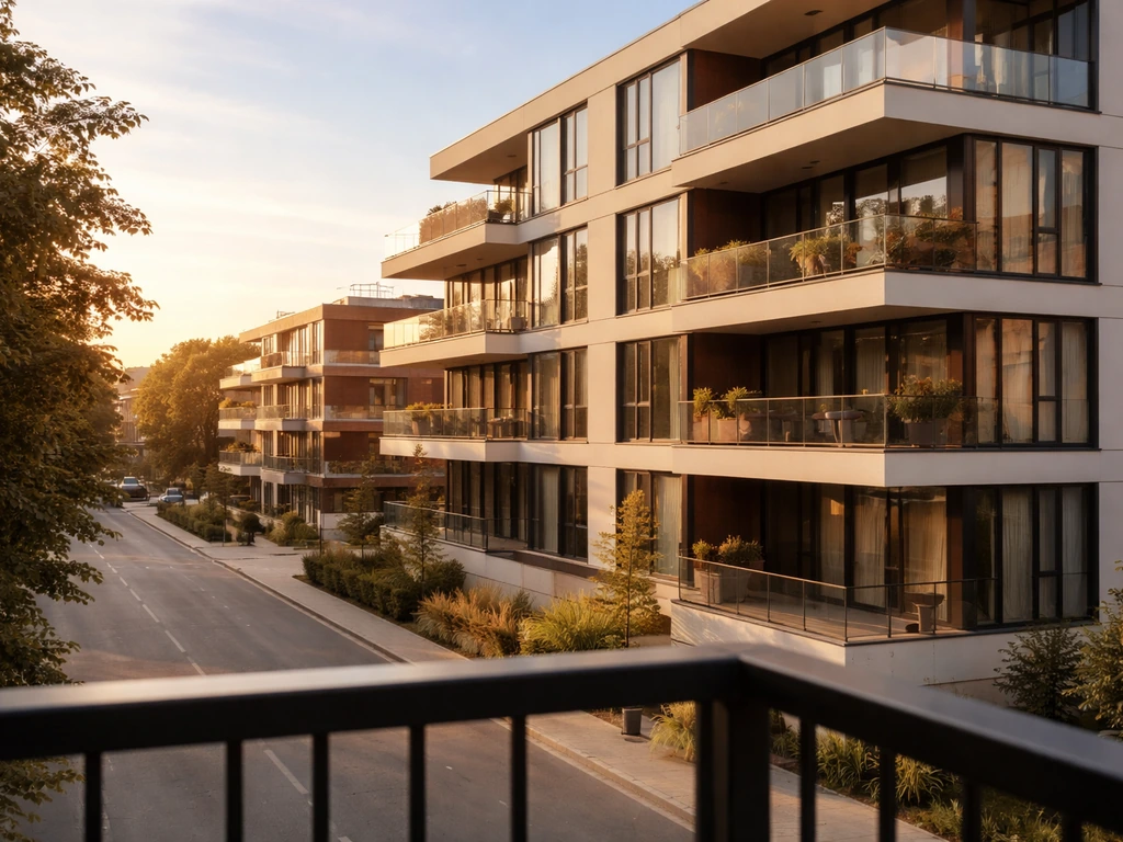 Modern apartment building exterior at golden hour with a quiet balcony in the foreground