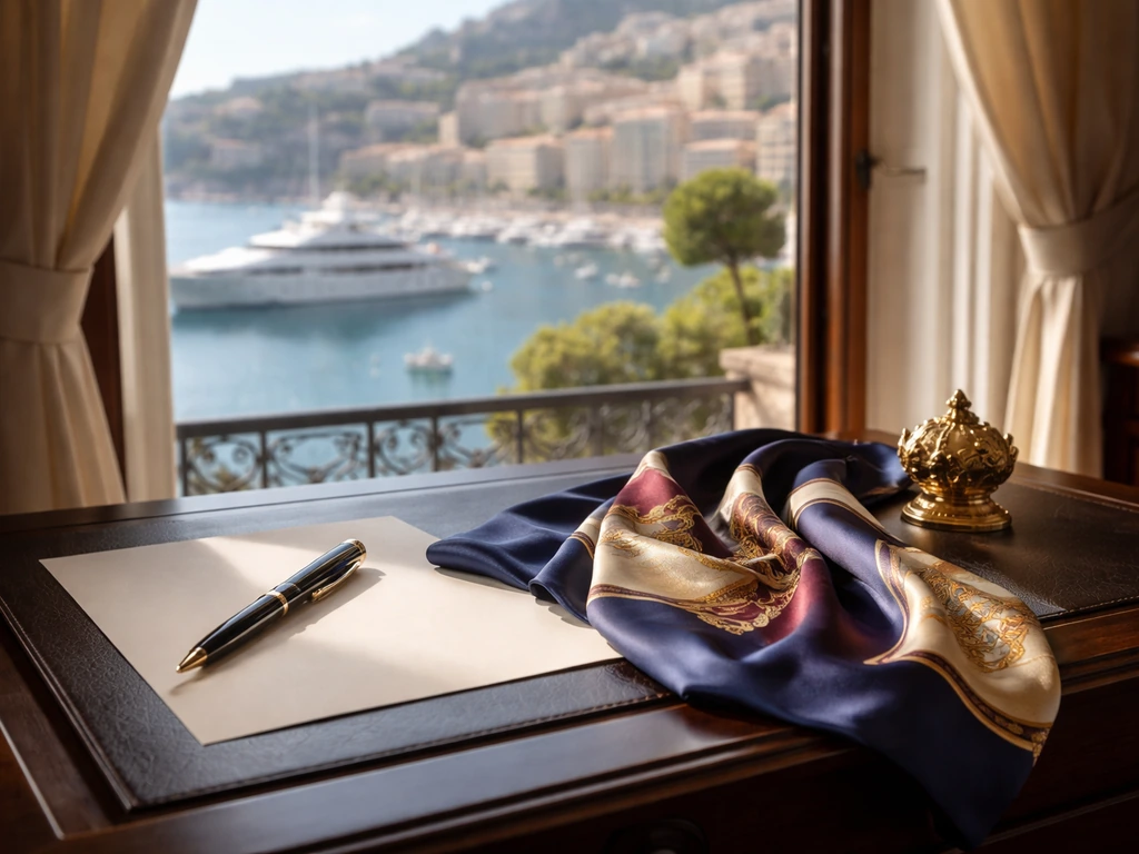 Elegant desk by a sunny harbor, symbolic of wealth and sovereign finance analysis, no people
